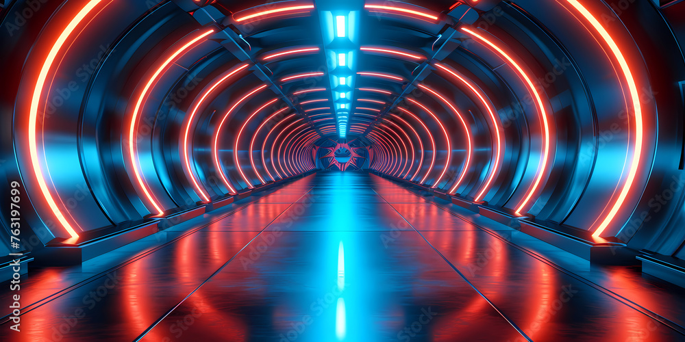 Aufkleber abstract neon background, empty square tunnel with pink glowing lines - a long tunnel with red and b