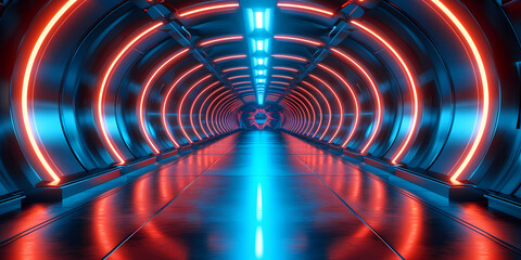 Abstract Neon Background, Empty Square Tunnel With Pink Glowing Lines - A Long Tunnel With Red And Blue Lights