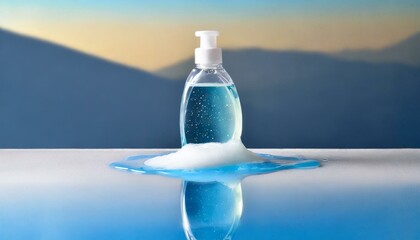 bottle of water on sky, Green dishwashing liquid drop in a clean surface with a big space for product backdrop, - obrazy, fototapety, plakaty
