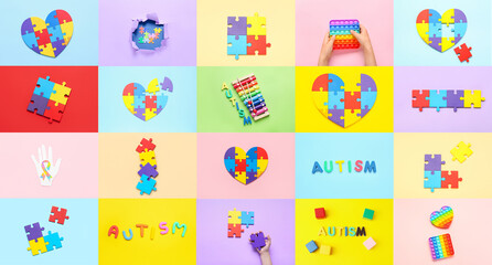 Fototapeta na wymiar Collage of colorful puzzle pieces with pop it fidget toys, xylophone and paper human palm with awareness ribbon on color background. Concept of autistic disorder