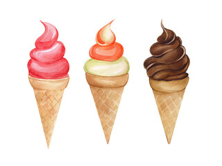 Watercolor set of ice creams in a waffle cone. Ice cream with strawberry, berry, melon and peach flavors, chocolate. Design and design of packaging, cards, patterns