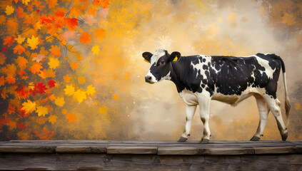 Cow Walking On A Wooden Table, In The Style Of Bokeh Panorama, Organic Shapes - A Cow Standing On A Wooden Ledge - 763197884