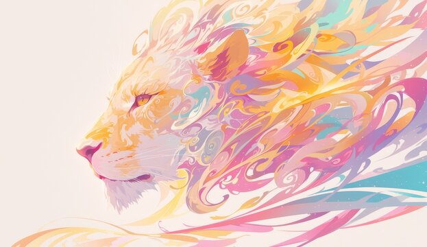A beautiful lion in soft pastel colors with an surreal illustration style and dreamy pastels. 