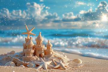 Sand castle on a sea beach  in a sun rays background.  Beautiful tropical beach with sunrise sky. Horizontal vacation travel banner with place for text. - obrazy, fototapety, plakaty