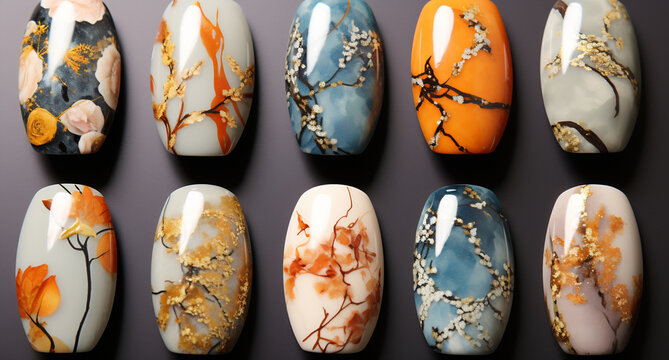 Assorted colorful nails with flower designs