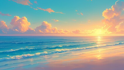 A beautiful sunset over the ocean, with vibrant colors in orange and pink, reflecting on calm waves as they gently lap against an empty beach.  - obrazy, fototapety, plakaty