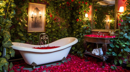 Pink Bathroom, Rose Petals, Flowers, Valentine_S Day - A Bathroom With Rose Petals And A Tub - 763198414