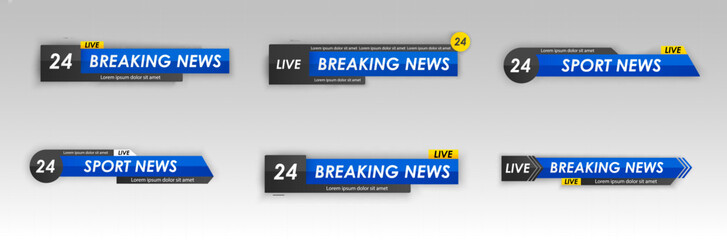 Breaking news template with red and blue badge, Breaking news text on dark blue with earth and world map background, TV News show Broadcast template widescreen ratio, vector illustration - obrazy, fototapety, plakaty