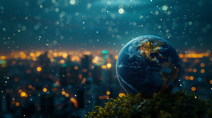 Planet Earth on the background of blurred lights of the city. Concept on business, politics, ecology and media