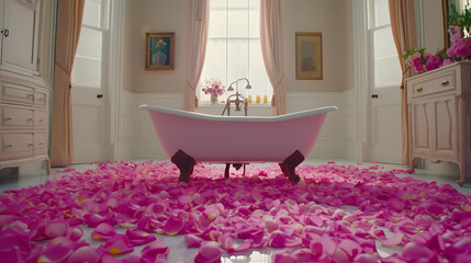 Pink Bathroom, Rose Petals, Flowers, Valentine_S Day - A Bathtub With Pink Petals On The Floor - 763198642