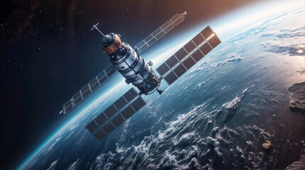 satellite de communication dans l'espace en orbite autour de la terre - obrazy, fototapety, plakaty