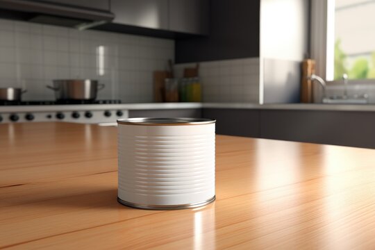 Blank Tin Can Mockup on Wooden Kitchen Counter.