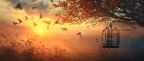 A serene sunset backdrop with birds flying free and an open birdcage hanging from the branch of a tree, symbolizing freedom and hope. - obrazy, fototapety, plakaty