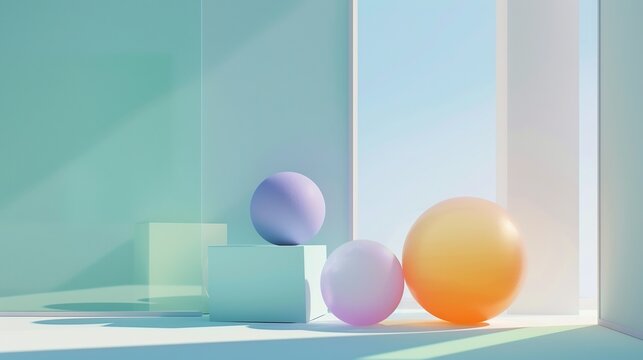 A minimalistic composition of colored objects on glass, floating in midair, creating an illusion of balance and movement