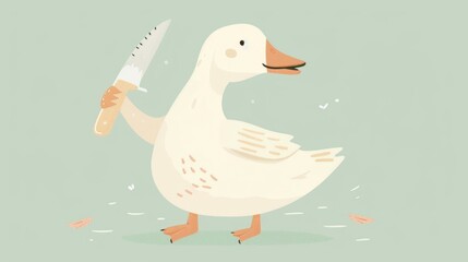 Dangerous bird holding a knife. Crazy white goose killer. A funny animal attacks with a weapon. Pastel background. Vegetarianism or vegan concept.