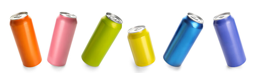 Set of colorful metal cans isolated on white. Mockup for design