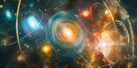 Abstract Cosmic Phenomena with Swirling Galaxies and Energy Orbs - obrazy, fototapety, plakaty