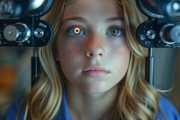 A girl with black hair getting eyes checked by ophthalmologist
