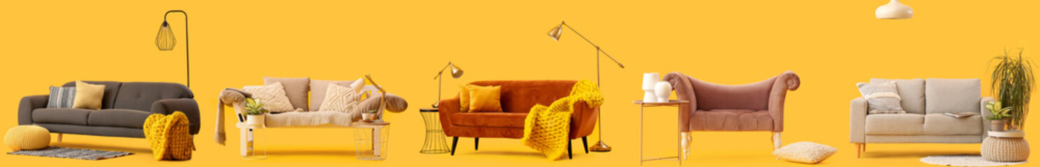 Collage of stylish sofas with poufs, tables, houseplants and lamps on yellow background