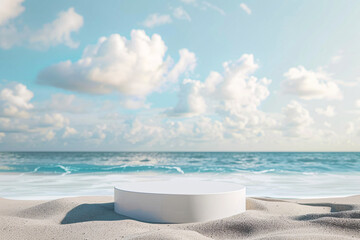 Fototapeta na wymiar product podium display with beautiful sand beach daylight time for advertisement