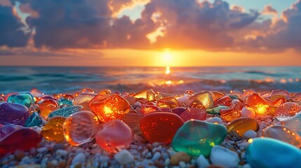 Vibrant glass pebbles on the shore, stunning sunset backlighting. Generative Ai - obrazy, fototapety, plakaty