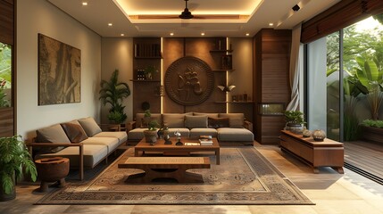 generative AI to generate a captivating image of a brown-themed Asian Indian living room with a modern twist, showcasing a perfect blend of tradition and contemporary elegance