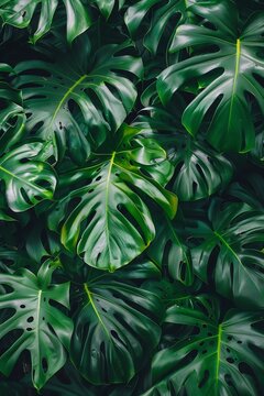 A large field of monstera leaves, shot from above at a low angle in the style of unsplash photography © artfisss