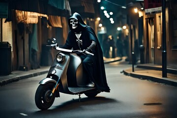 grim reaper riding a scooter on hipster street