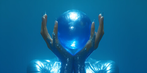 Abstract Metallic Hands Hold Glass Ball With Light, Isolated On Dark Blue Background - A Person Holding A Blue Ball Under Water - 763200001