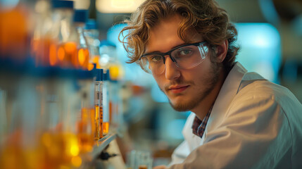 Scientist Working in Laboratory, Young researcher analyzing samples in a lab environment with focus...
