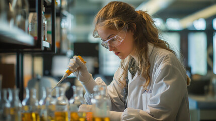 Scientist Working in Laboratory, Young researcher analyzing samples in a lab environment with focus and determination.