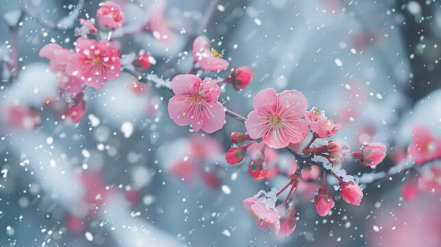 pink cherry blossoms in bloom in the snow
