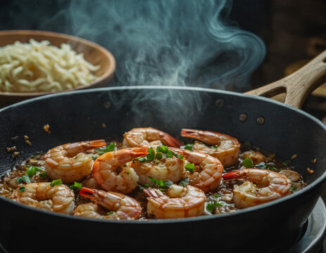 Grilled shrimps with greens and garlic in a pan. The character and all objects are fictitious, the image was created using the neural network Fooocus v2