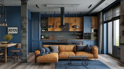 ideas for creating a harmonious color palette that complements the blue theme in a luxurious kitchen and living space - obrazy, fototapety, plakaty