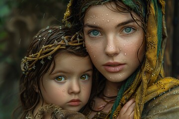 Mother with child in fairytale art style, icon, Jesus Christ and Virgin Mary, Holy Mother of God, holy icon of Christianity - obrazy, fototapety, plakaty