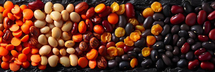 Vegan Pattern from Natural Dry Beans ,
A variety of vegetables are arranged in a rainbow pattern.