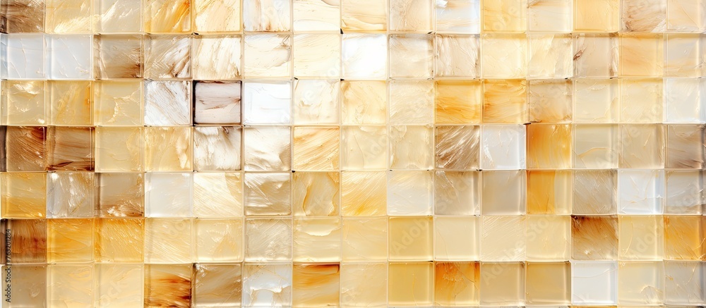Poster a close up of a brown wood composite tile wall with a checkered pattern, adding texture and dimensio