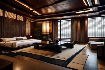 Fototapeta na wymiar Big living area in luxury room or hotel japanese style decoration