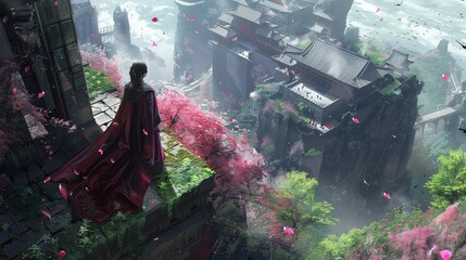 Fototapeta premium Dramatic in action Anime fantasy Character, game character, concept art, zoomed out portrait, Vertigo, environment, sunny day