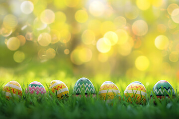 Fototapeta na wymiar Row of Easter eggs in Fresh Green Grass with blury background 