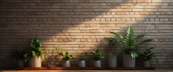 Row of potted plants by brick wall