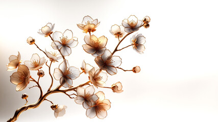 Sakura flowers branch by frosted glass petals with soft gold branch 3D render style isolated on white background in concept luxury, modern, floral art.