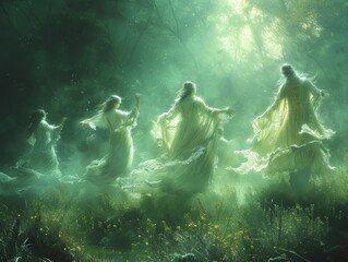 Nebulous shrine forest spirits dancing in mist