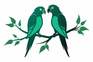 Couple parrot on branch silhouette white background