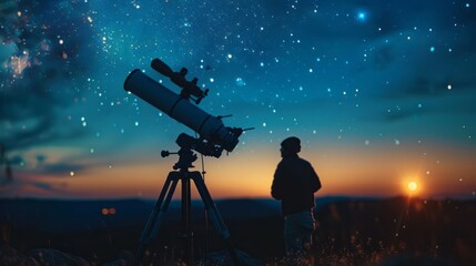 Stargazing Setup for Astronomy Enthusiast. Telescope and Accessories under Clear Night Sky