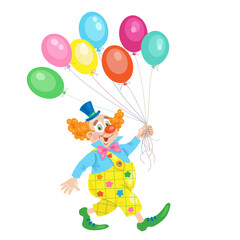 Obraz na płótnie Canvas Funny clown is walking with a large bunch of balloons in his hand. Isolated on white background. Vector flat illustration.