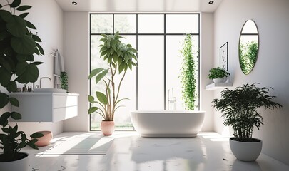 Fototapeta na wymiar Stylish interior of bathroom with green houseplants