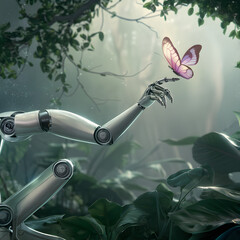 Robotic hand interacting with butterfly technology meets nature