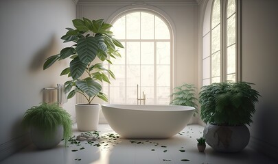 Stylish interior of bathroom with green houseplants