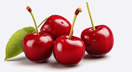 a group of red cherries with stems - obrazy, fototapety, plakaty